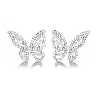 14k Gold and Sterling Silver Round and Baguette Butterfly Earrings with Crystals