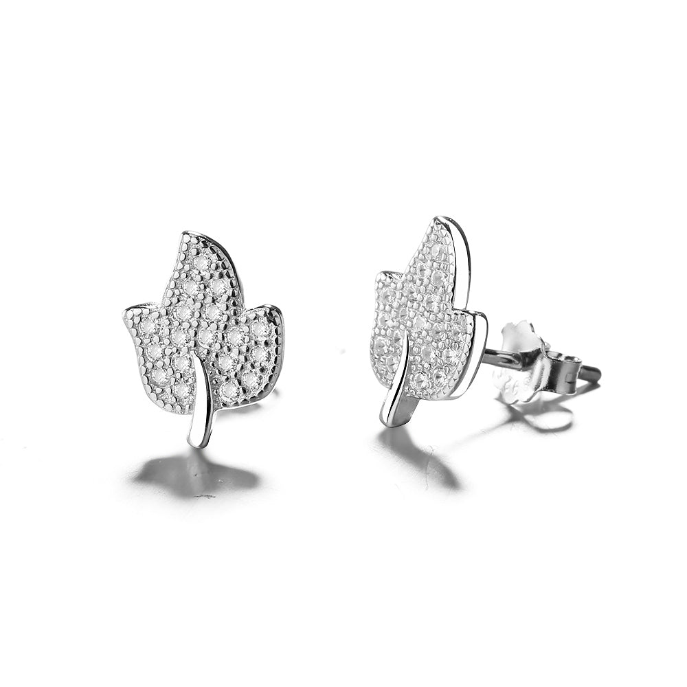 Sterling Silver Leaf Stud Earrings with Crystals