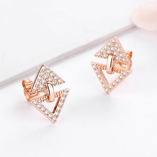 14K Rose Gold and Sterling Silver Triangle Studs with Crystals