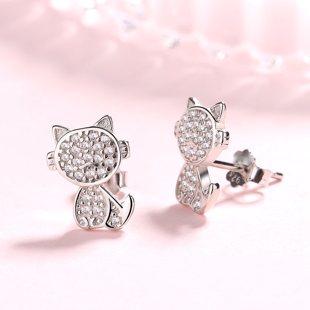 Sterling Silver Crystal Cat Drop Earrings With Crystals