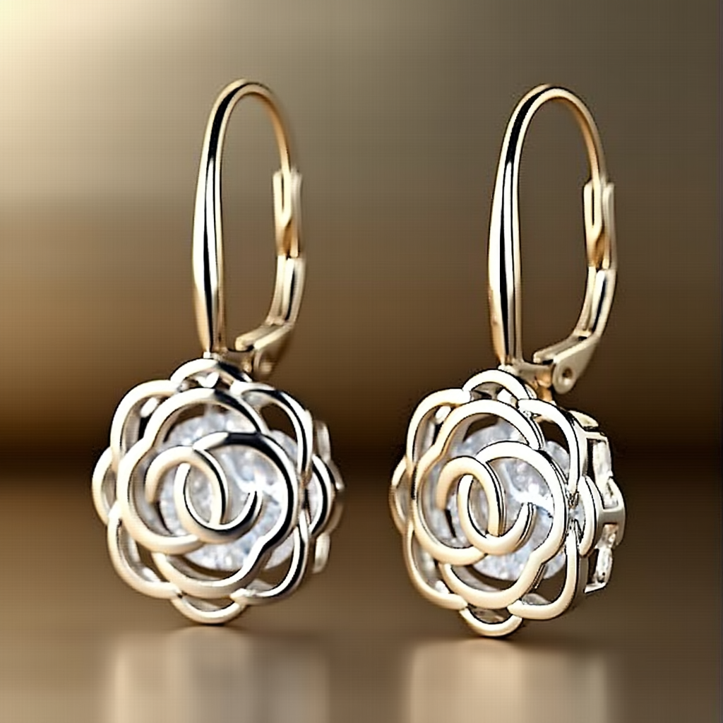 14K Gold Caged with crystals Rose Lever Back Earrings