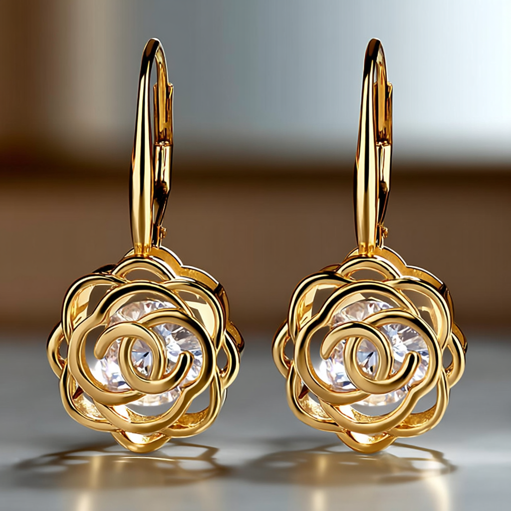 14K Gold Caged with crystals Rose Lever Back Earrings