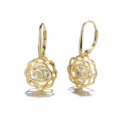 14K Gold Caged with crystals Rose Lever Back Earrings