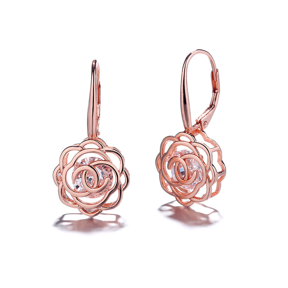 14K Gold Caged with crystals Rose Lever Back Earrings
