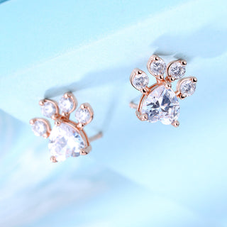 14K Rose Gold And Sterling Silver Paw Earrings With Crystals