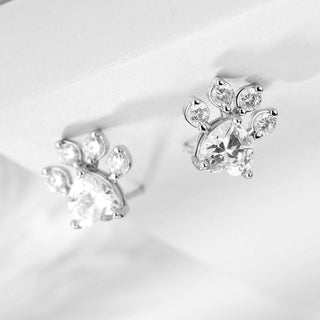 14K Rose Gold And Sterling Silver Paw Earrings With Crystals