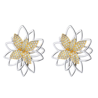 Lotus Flower Two Tone Earring Studs With Swarovski Crystals