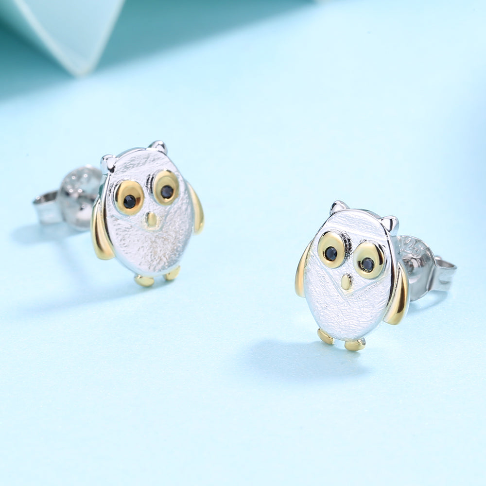Sterling Silver two-tone Owl Earring Studs