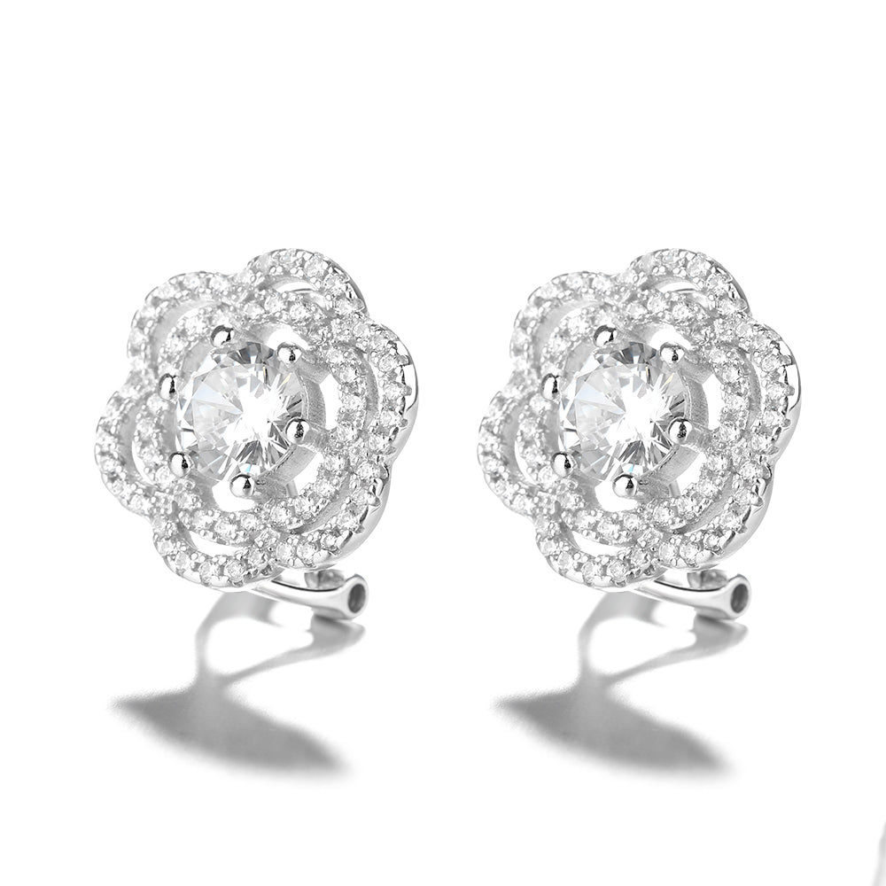 Sterling Silver Omega Flower Stud Earrings With Swarovski Crystals