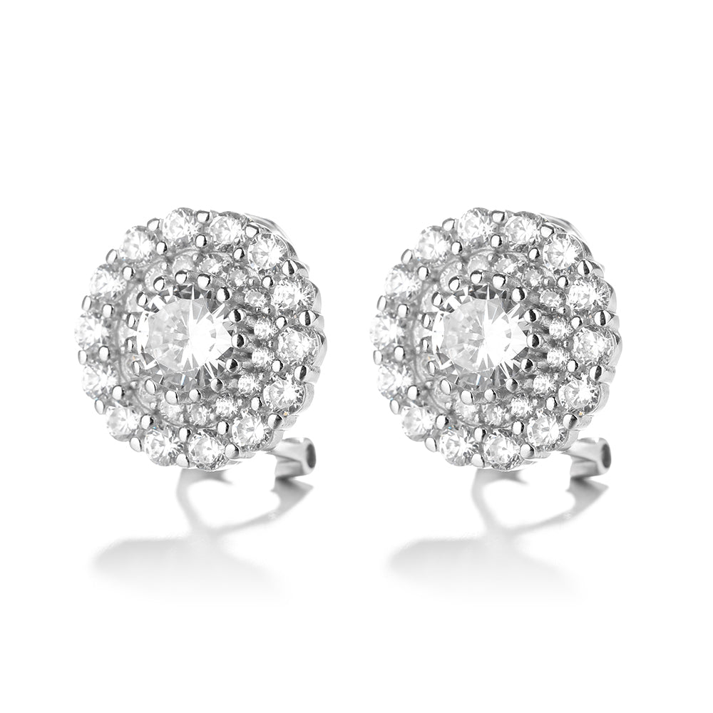 Sterling Silver Double Halo Omega Stud Earrings With Crystals