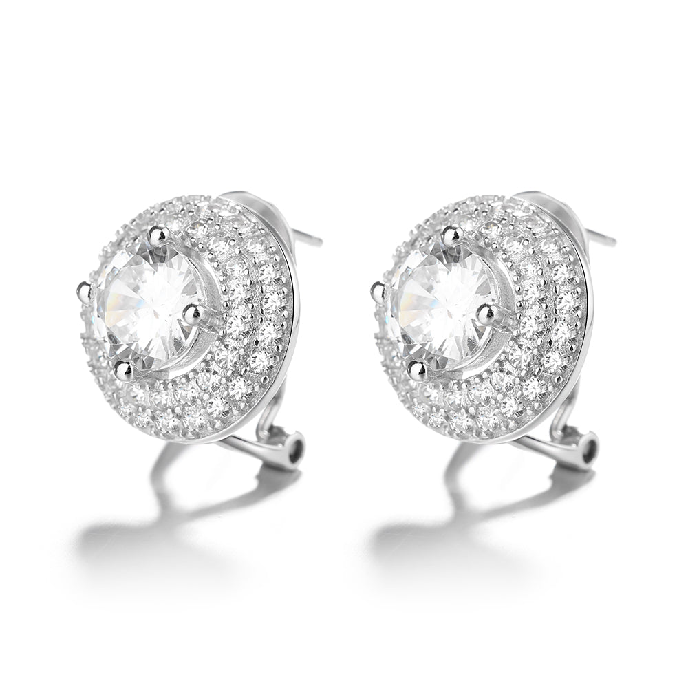 Sterling Silver Double Halo Omega Stud Earrings