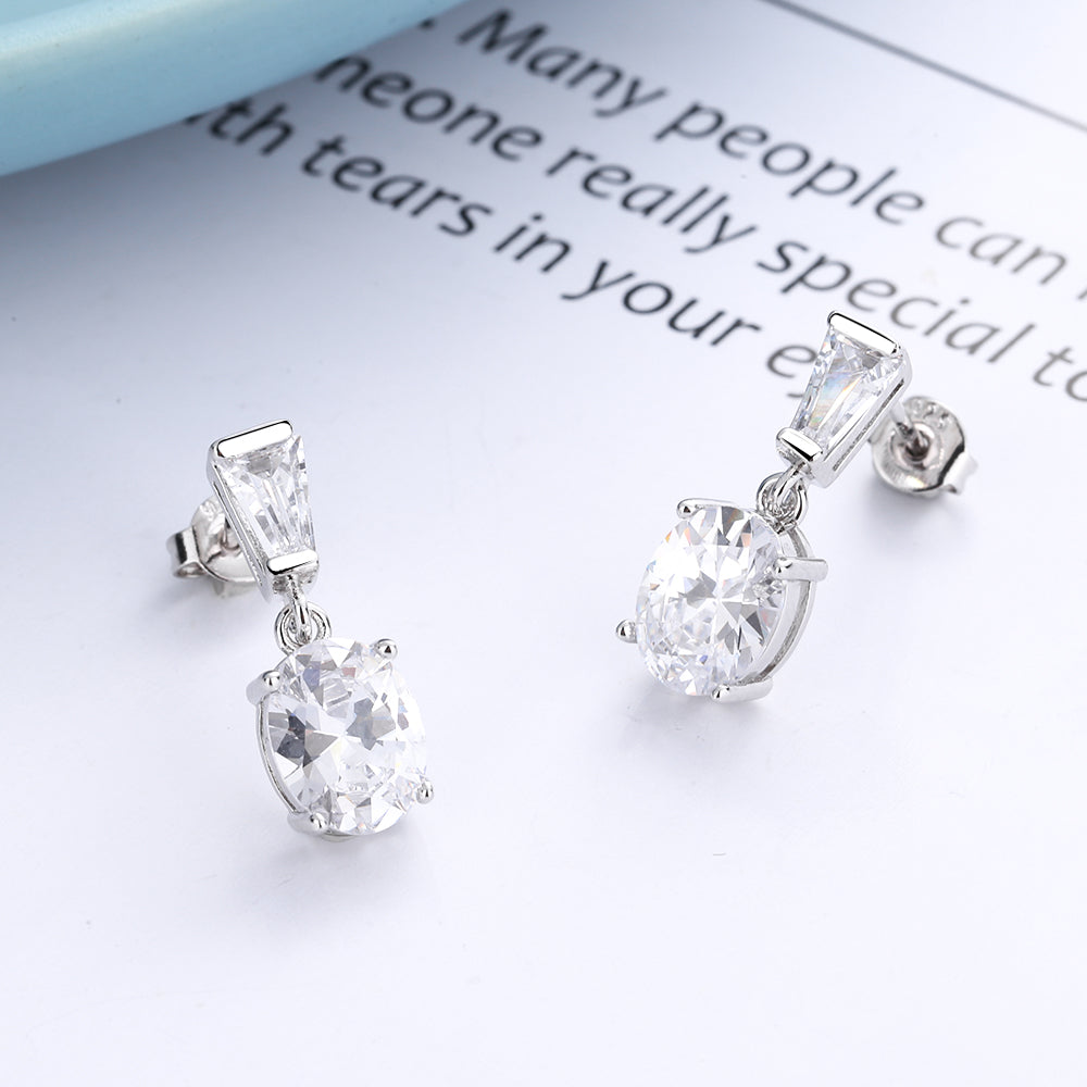 Sterling Silver Oval Drop Earrings With Crystals