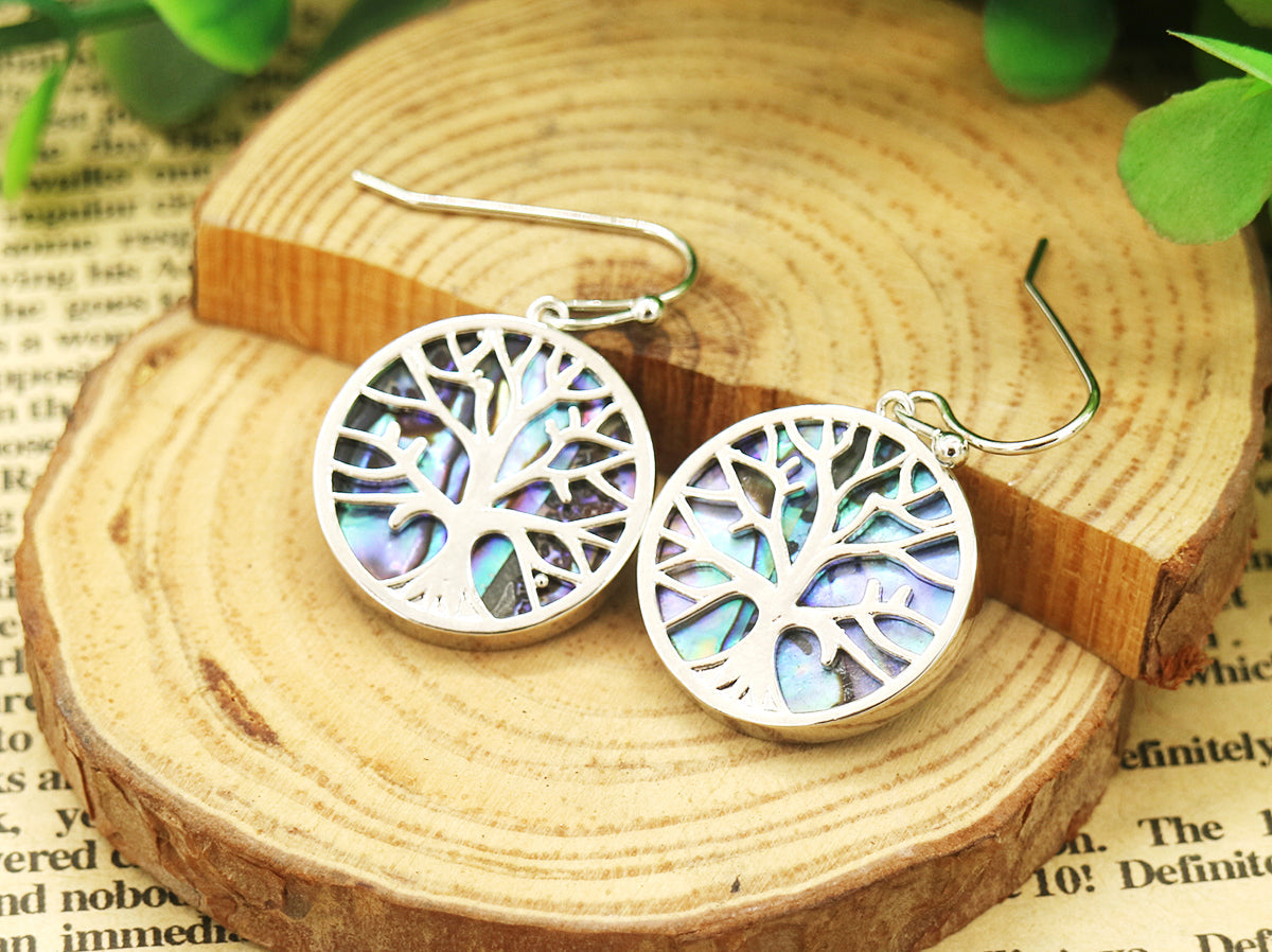 Abalone Tree of Life Drop Hook Earrings in 14K White Gold