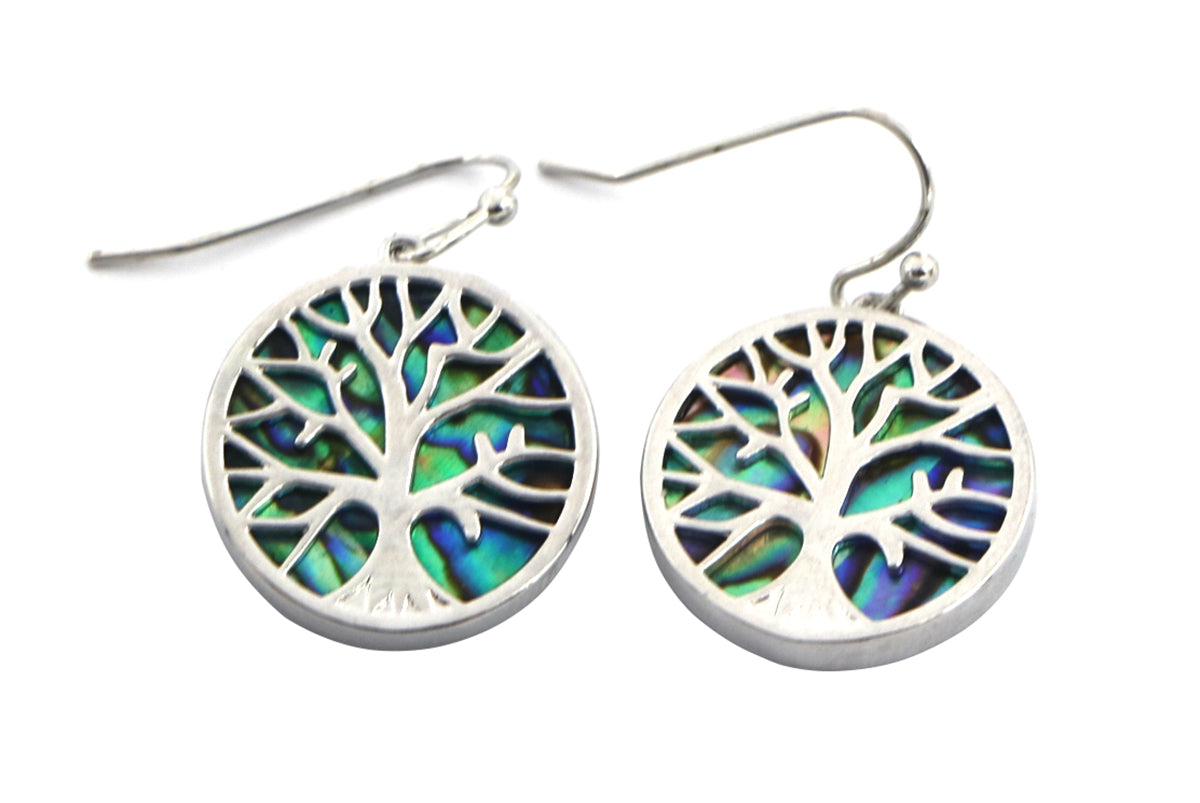 Abalone Tree of Life Drop Hook Earrings in 14K White Gold