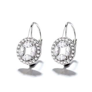 Round Sterling Silver Halo Omega Lever-Back Earring