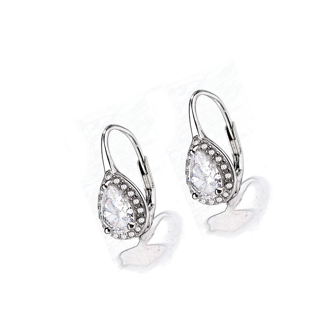 Amy and Annette Sterling Silver Pear Omega Lever-back Halo Earring