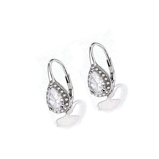 Amy and Annette Sterling Silver Pear Omega Lever-back Halo Earring