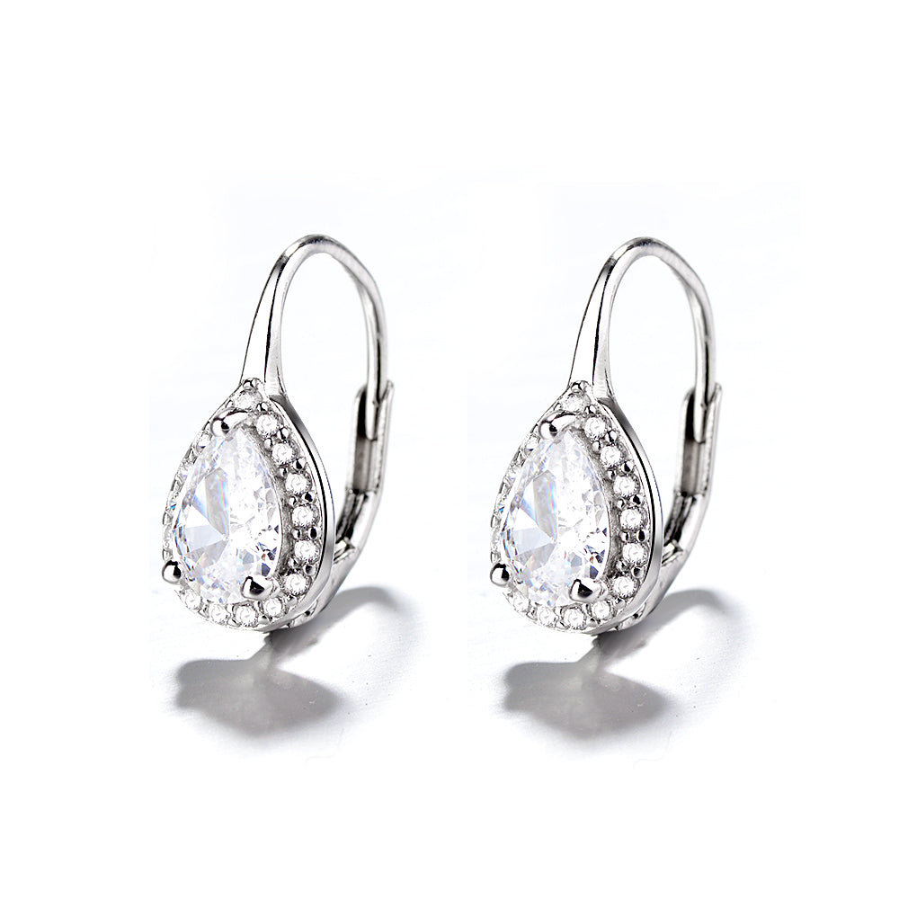 Amy and Annette Sterling Silver Pear Omega Lever-back Halo Earring