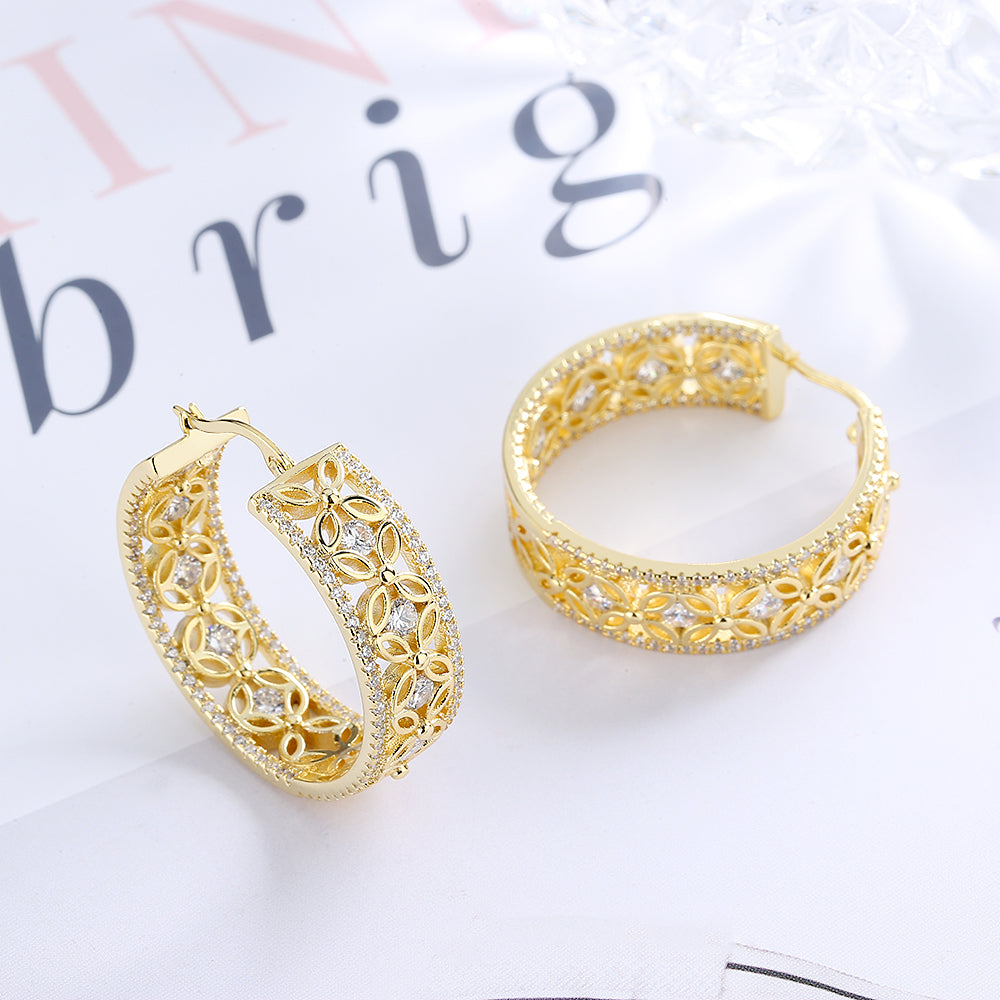 14K Gold Filigree Flower Hoop Earring with crystals