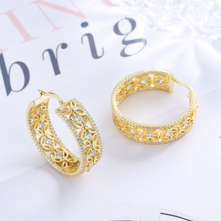 14K Gold Filigree Flower Hoop Earring with crystals