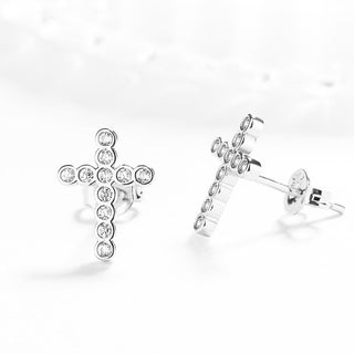 Sterling Silver Dainty Cross Earrings With Crystals