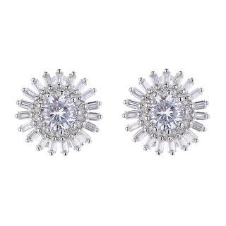 Simulated Diamond Brilliant and Emerald Cut Double Halo Stud Earrings in 14K White Gold