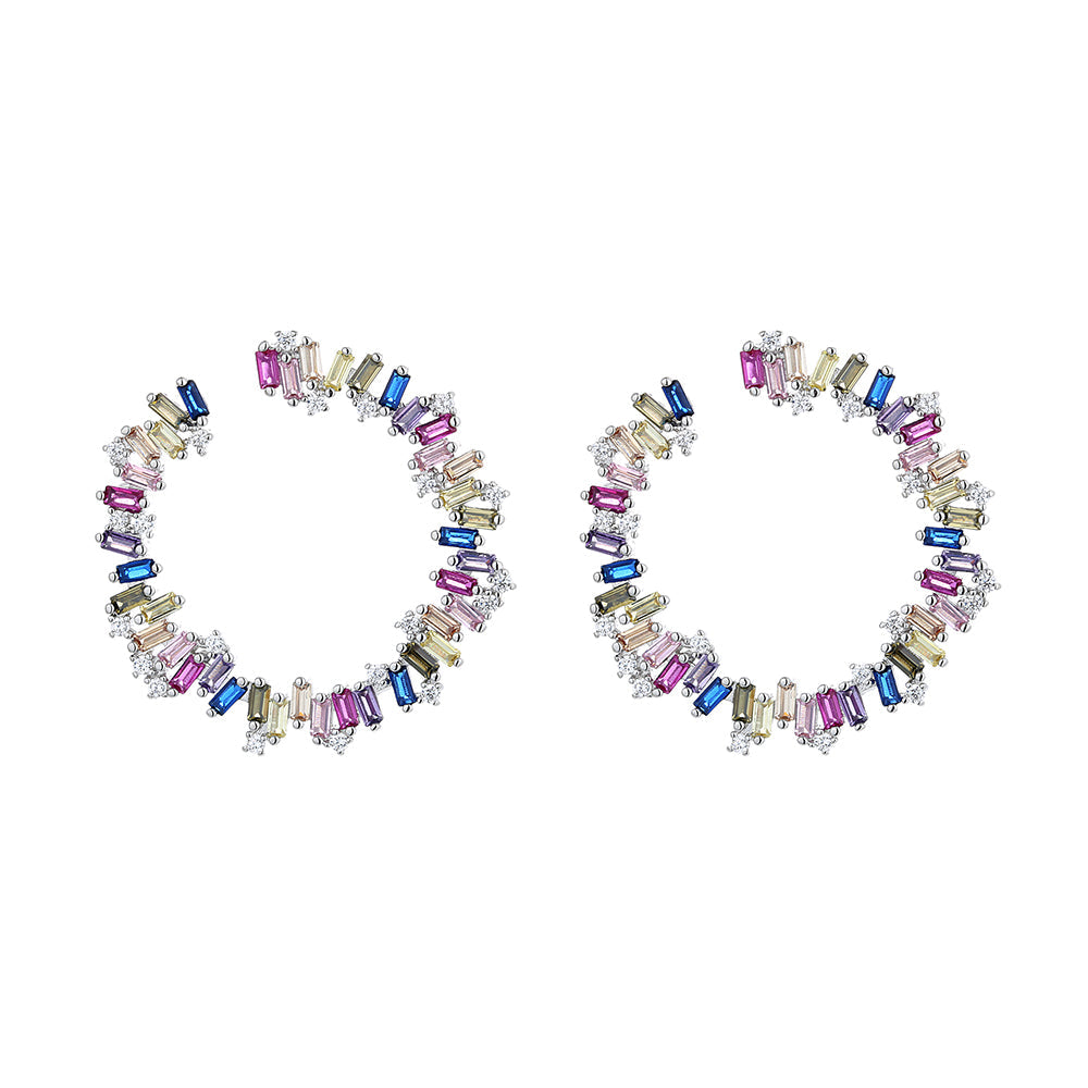 Sterling Silver Multi-Color J Hoop Earring with Crystals