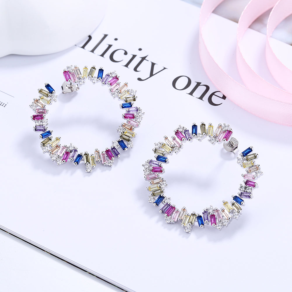 Sterling Silver Multi-Color J Hoop Earring with Crystals