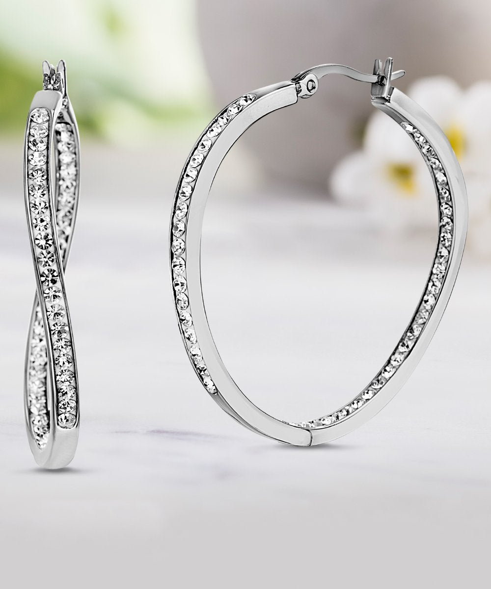 14K Gold And Sterling Silver Twisted Hoop Earrings With Crystal