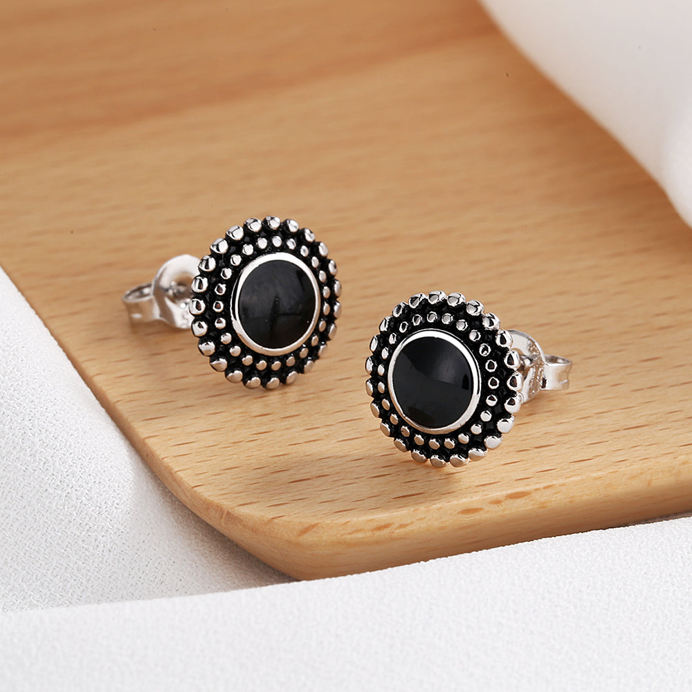 Amy and Annette Sterling Silver Onyx Artisan Stud Earrings