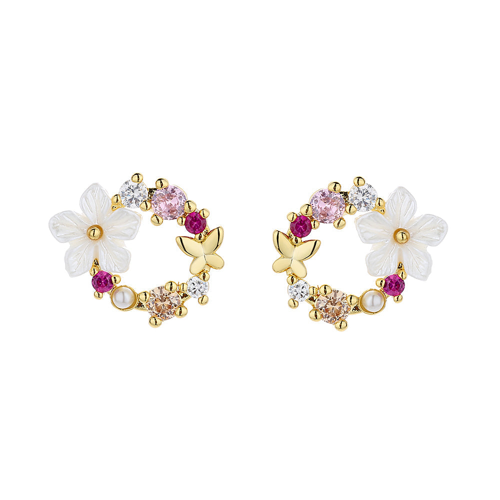 14K Gold and  Sterling Silver Opal and Resin Open Flower earrings with Crystals