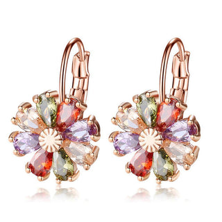 Sapphire and Multi-Color Flower Drop Leverback Earrings with Crystals