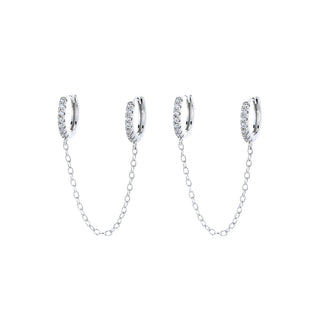 14k Gold and Sterling Silver Double Huggie Chain Earrings with Crystals