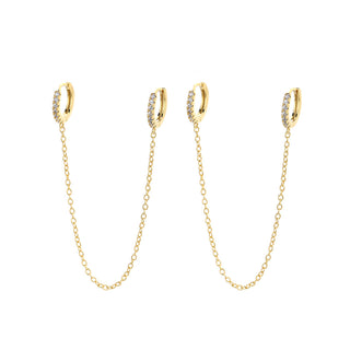 14k Gold and Sterling Silver Double Huggie Chain Earrings with Crystals