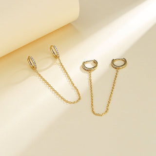 14k Gold and Sterling Silver Double Huggie Chain Earrings with Crystals