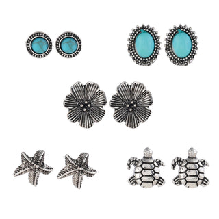 Oxidized Silver and Turquoise Beach Earring (5 Pair Studs)