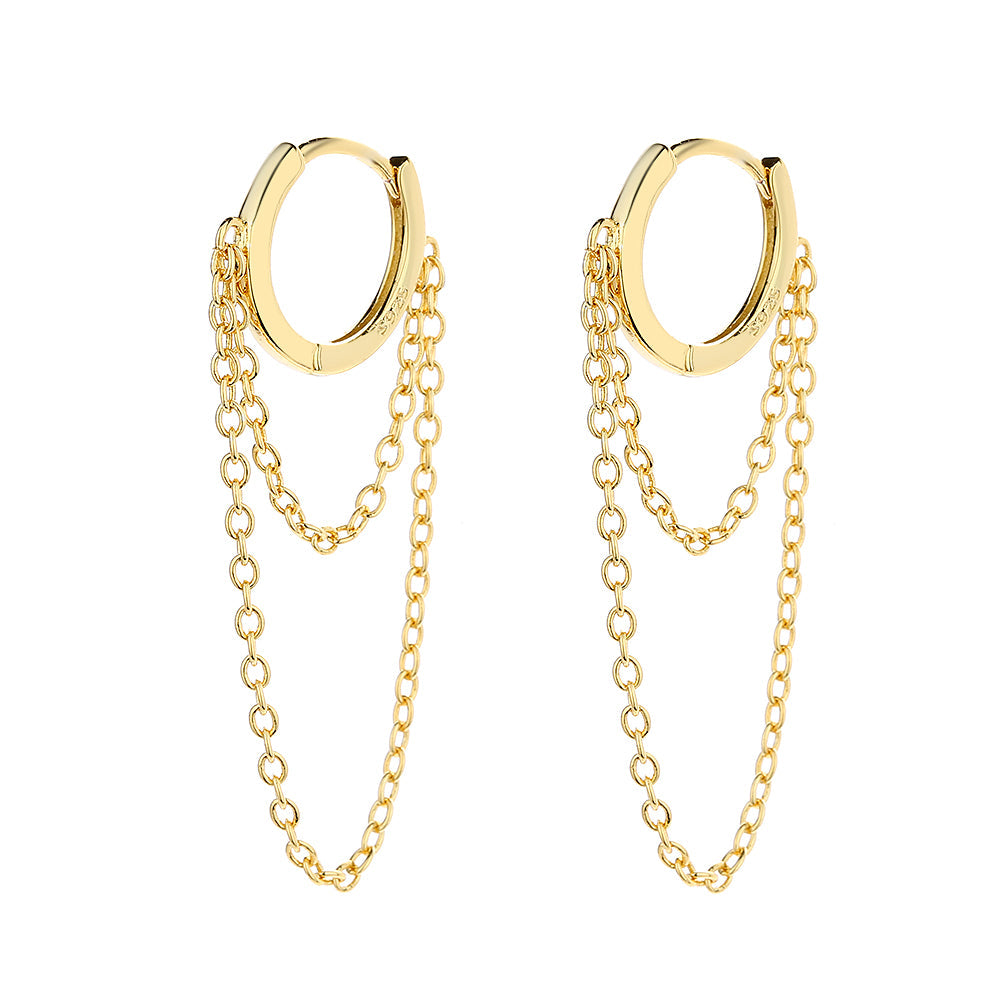 14K Gold Huggie Hoop Double Chain Drop Earring