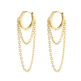 14K Gold Huggie Hoop Double Chain Drop Earring