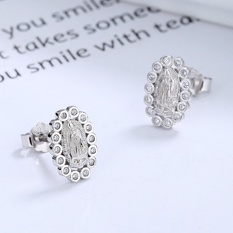 Sterling Silver Miraculous Mary Earrings with crystals