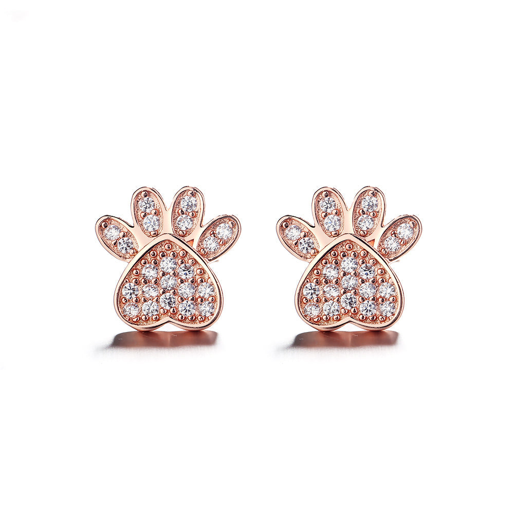 Sterling Silver and 14K Rose Gold Plated Crystal Paw Stud Earrings