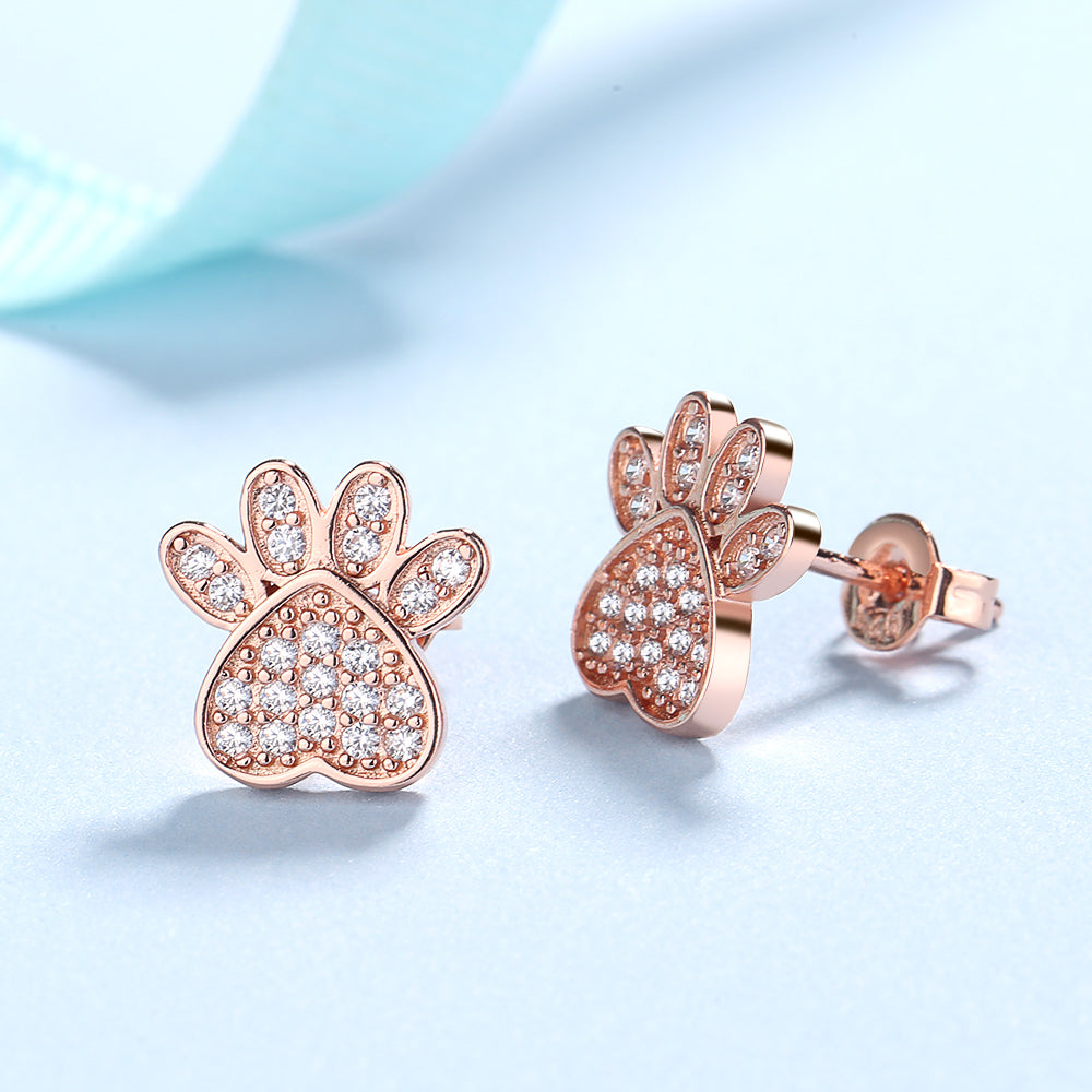 Sterling Silver and 14K Rose Gold Plated Crystal Paw Stud Earrings