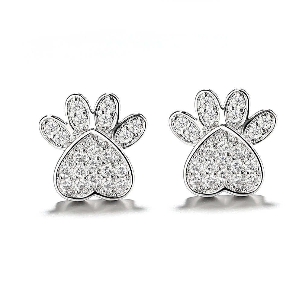 Sterling Silver and 14K Rose Gold Plated Crystal Paw Stud Earrings