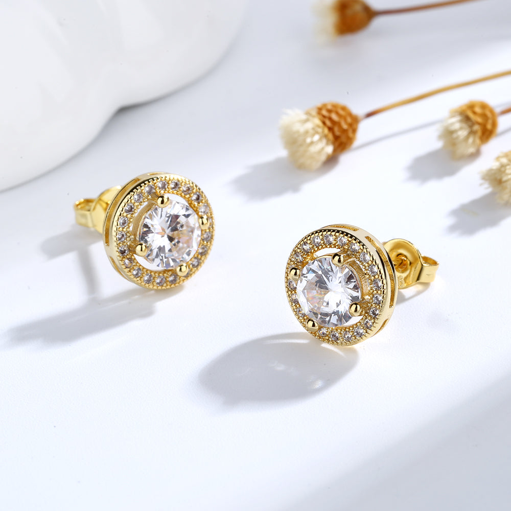 Amy and Annette 14K Gold or Sterling Silver Round Halo Earrings with Crystals