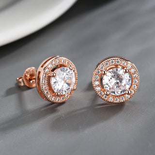 Amy and Annette 14K Gold or Sterling Silver Round Halo Earrings with Crystals