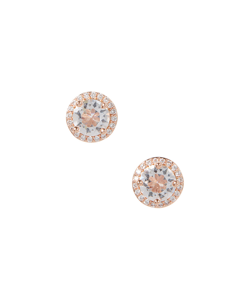 Amy and Annette 14K Gold or Sterling Silver Round Halo Earrings with Crystals