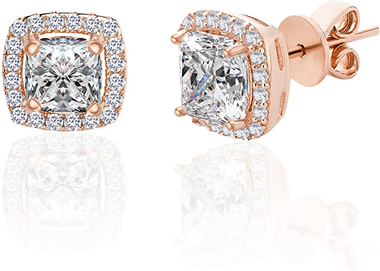 14K Gold over Sterling Silver Simulated Diamond Halo Stud Earrings