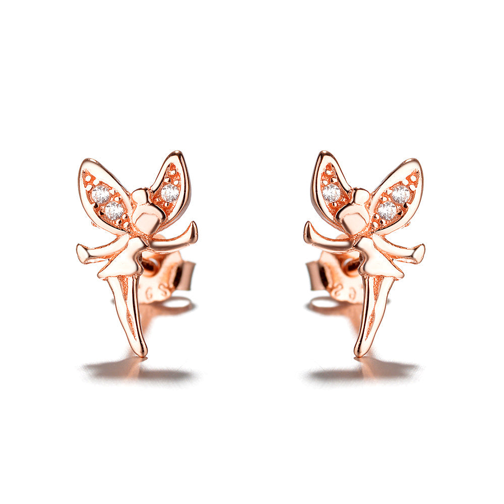 18K Rose Gold and Sterling Silver Crystal Fairy Stud Earrings