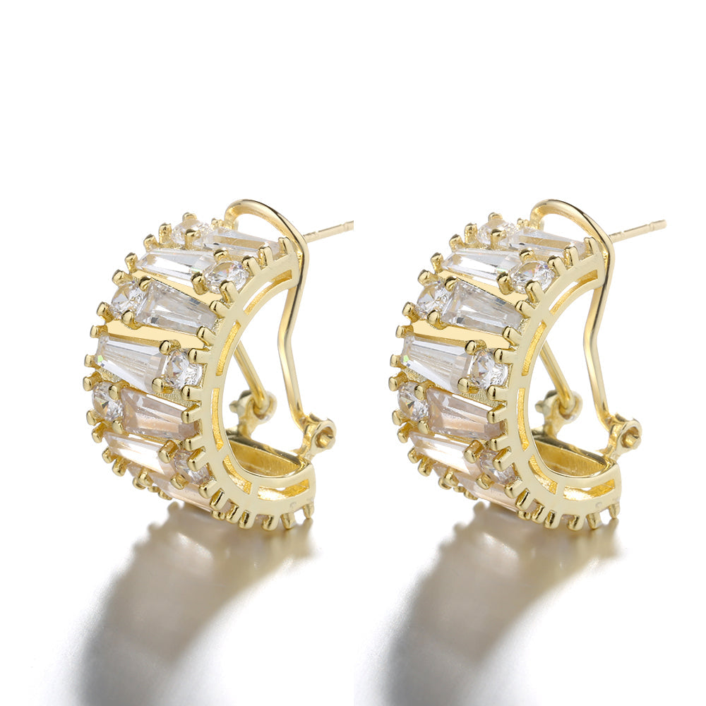 14K Gold Plated Round and Emerald Huggie Earrings With Genuine Crystals