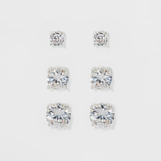 14K Gold over Sterling Silver Stud Earrings with Simulated Diamonds set of 3 (6 total pieces)
