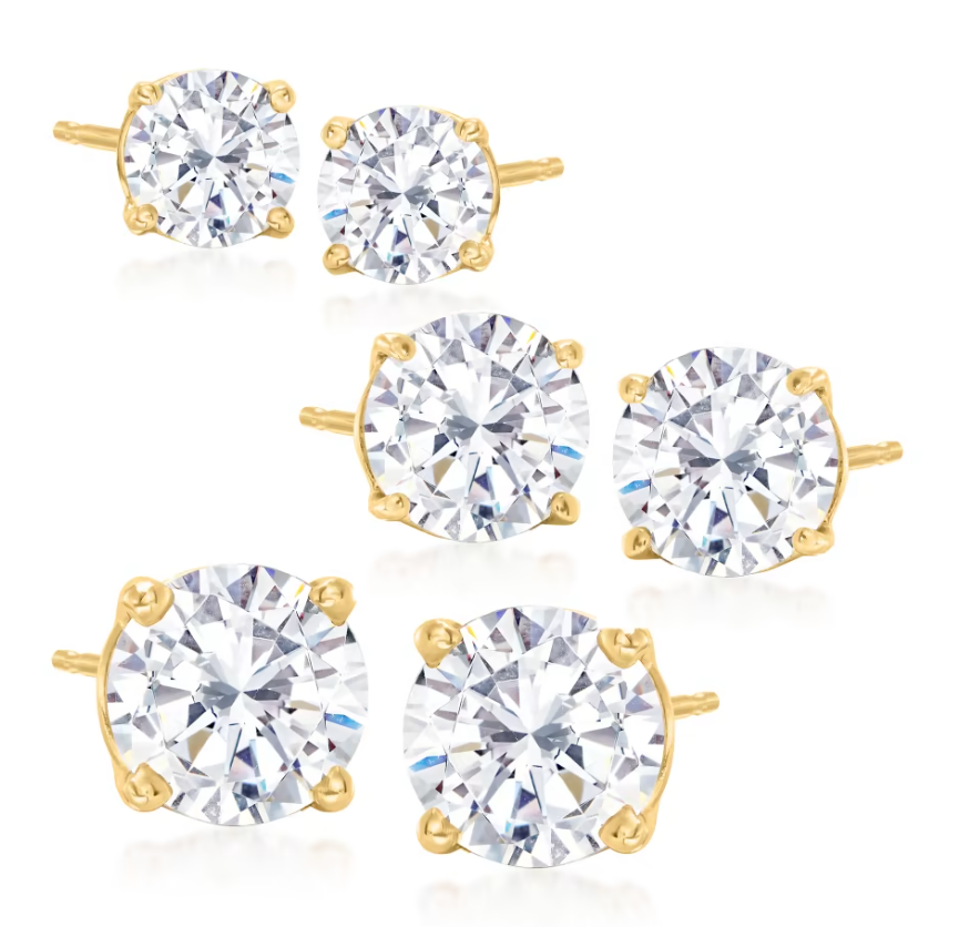 14K Gold over Sterling Silver Stud Earrings with Simulated Diamonds set of 3 (6 total pieces)